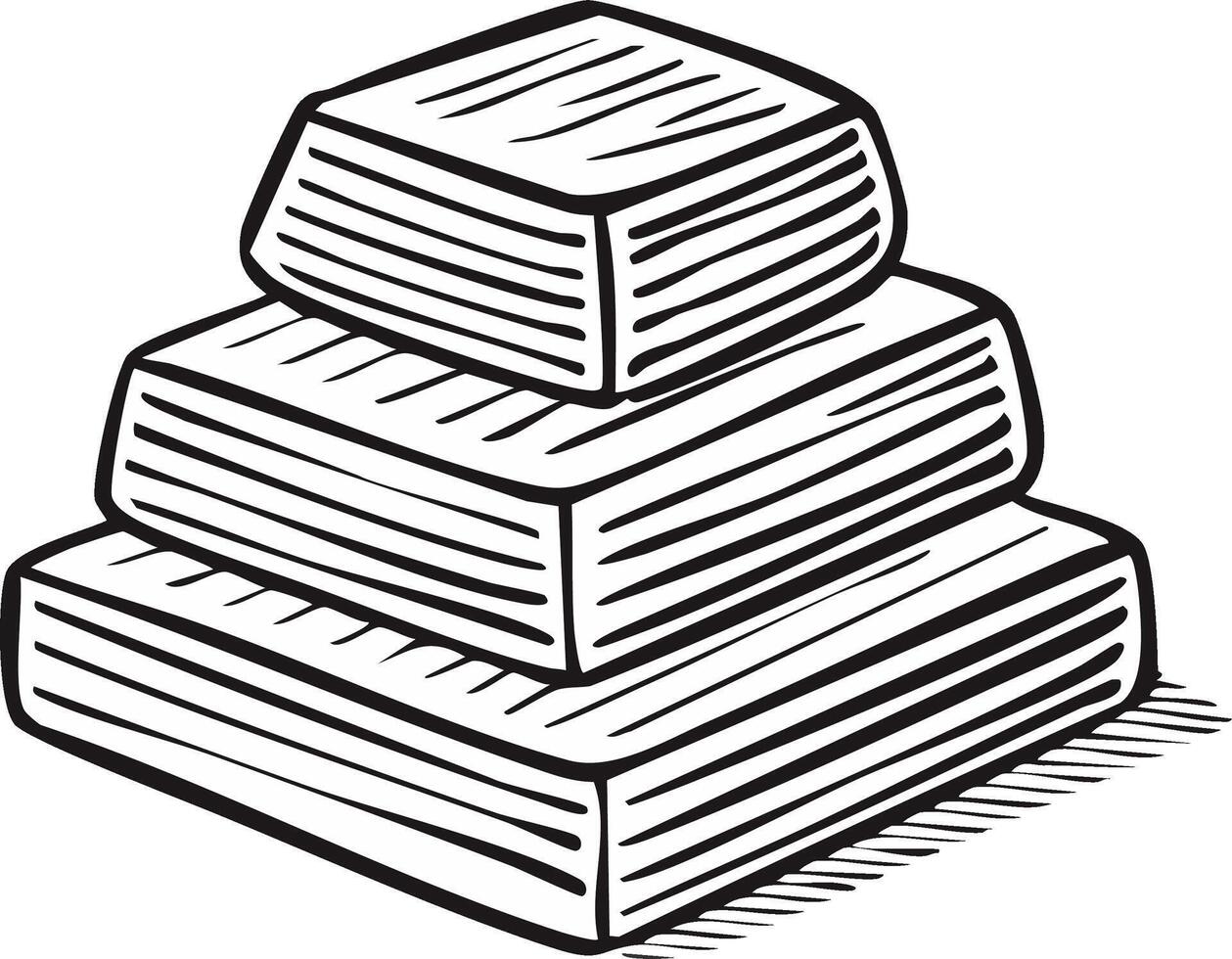 Stylized Three Layered Stack of Block Forms Linear Contour Drawing, Hand Drawn Elements, Isolated Shapes and Shadows vector