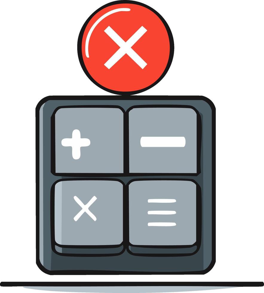 Calculator keypad illustration with red error symbol indicating incorrect calculation or cancellation vector