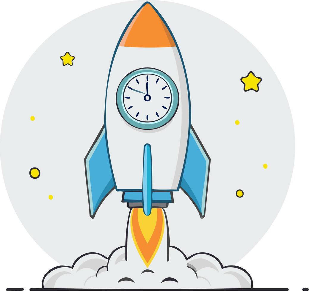 Cartoon rocket with clock in space, ready for launch concept illustration vector