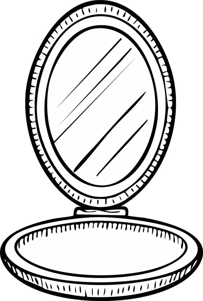 Hand-drawn open compact makeup mirror sketch with oval reflection surface vector