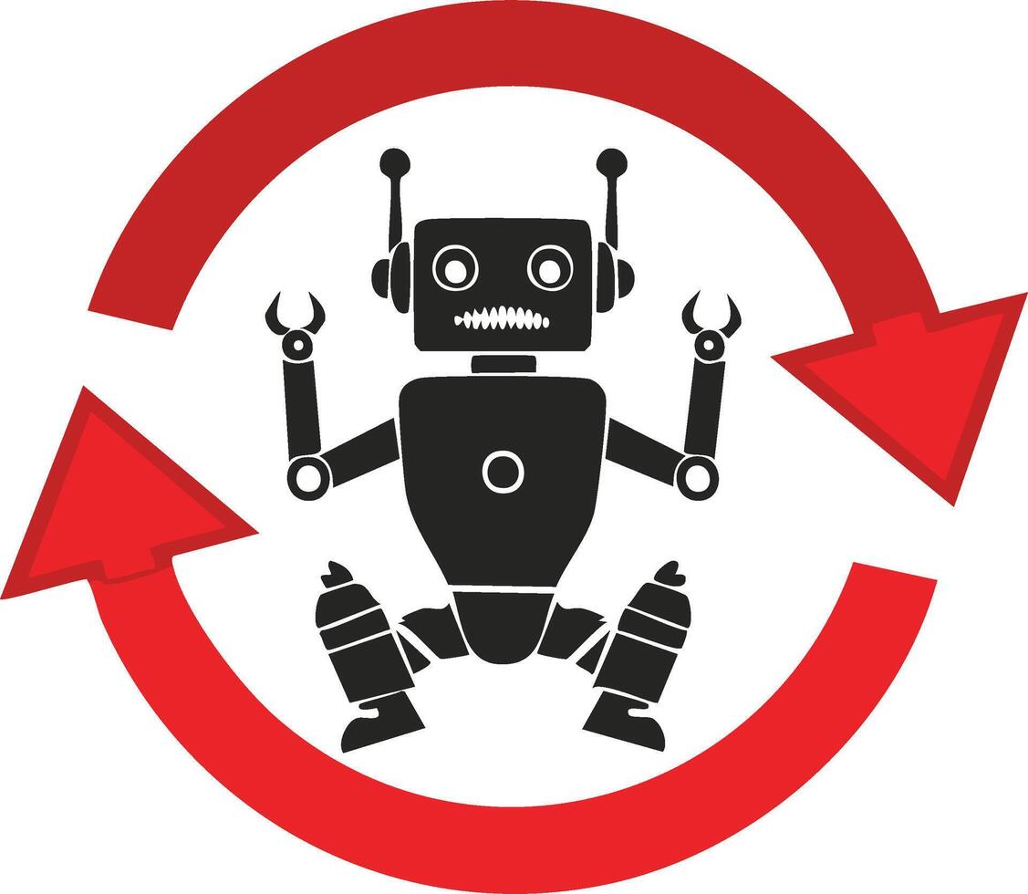 negro retro robot dentro un rojo circular actualizar flecha icono representando automatización tecnología y ai procesos vector