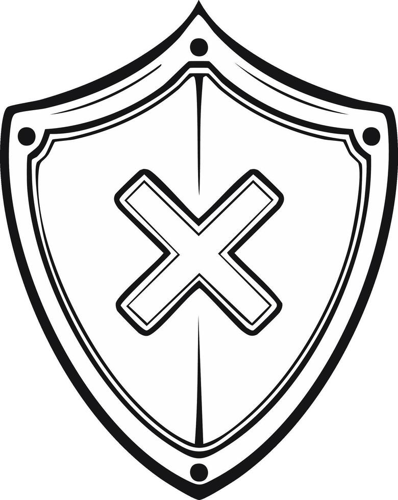 Black and white graphic of a shield with a stylized cross mark in the center, symbolizing rejection or failure vector