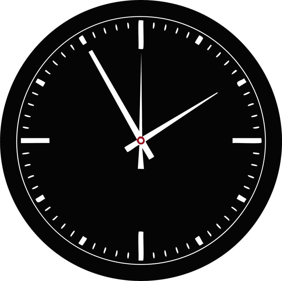 Black clock face with white hands showing time on a black dial vector