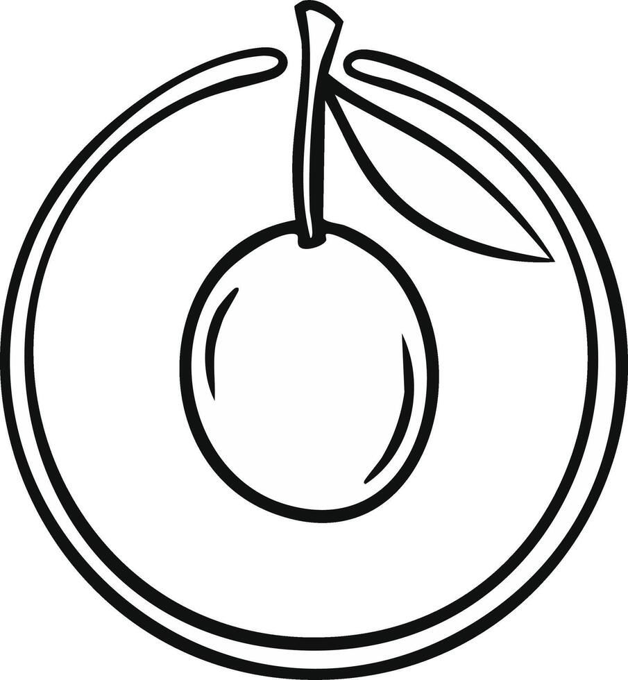 Minimalist line art illustration of a simple fruit with a stem and leaf inside a round frame vector