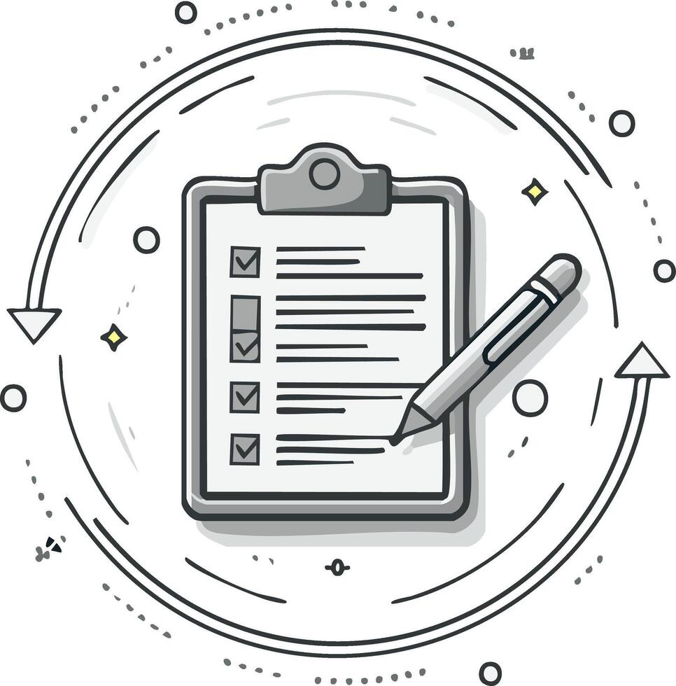Hand drawn clipboard with a checklist and pen representing task completion, planning, and workflow vector