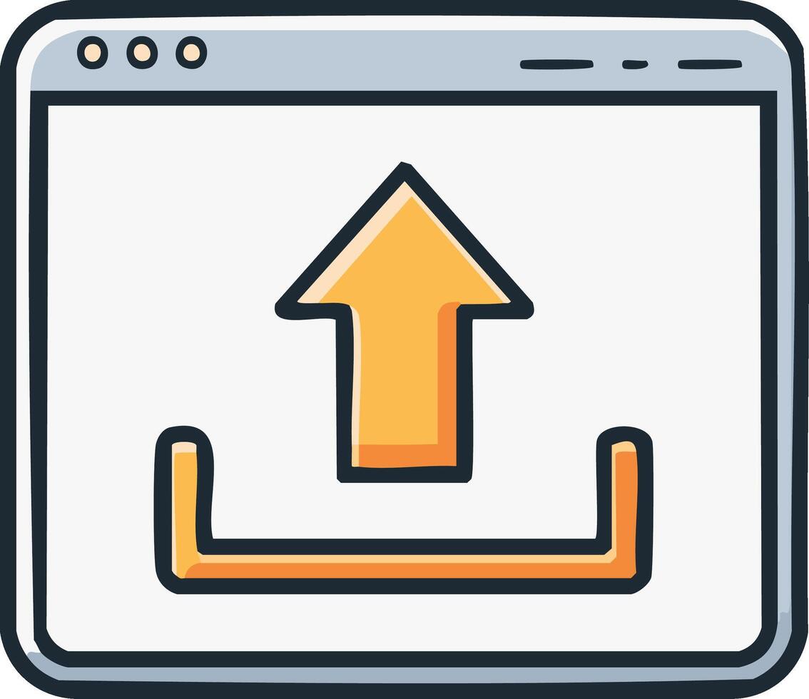 Cartoon upload icon. Arrow pointing upward, inside a computer screen vector