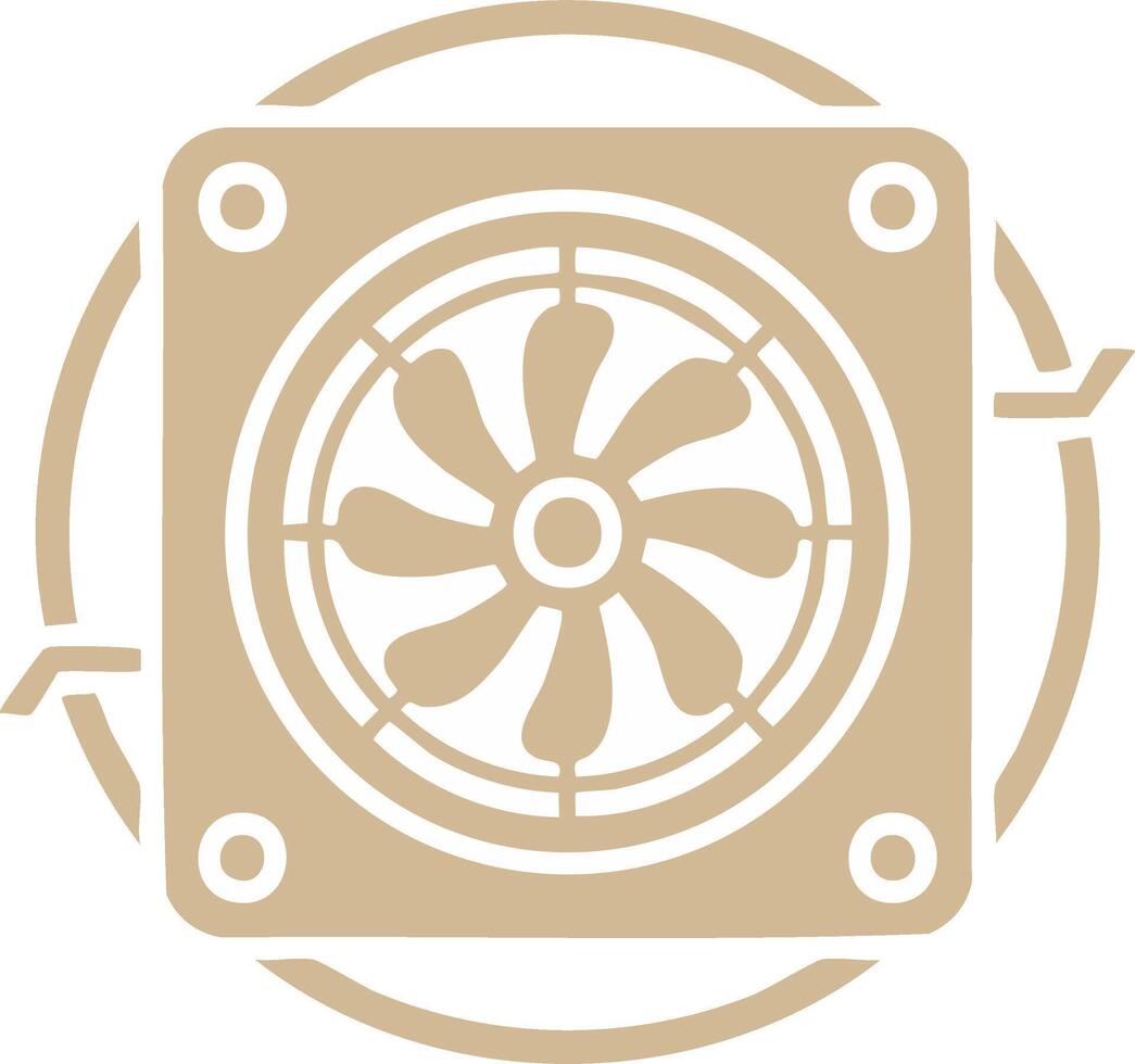 Square computer system fan icon with circular arrows depicting air circulation and cooling technology vector