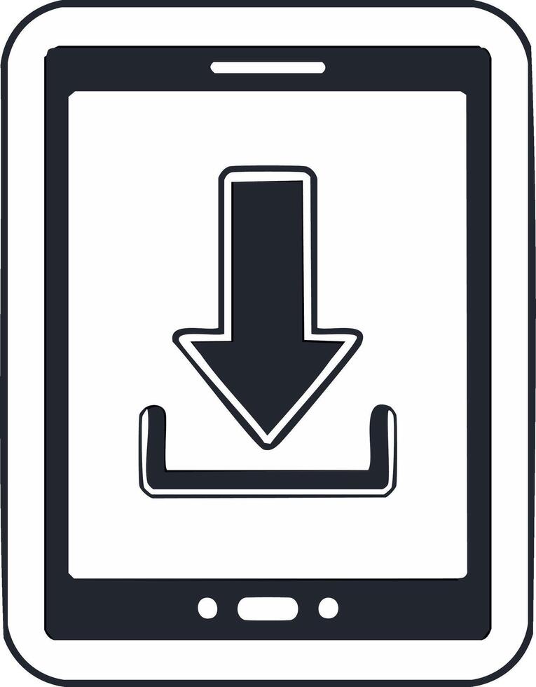 Simple monochrome doodle icon of a tablet computer downloading an application or file vector