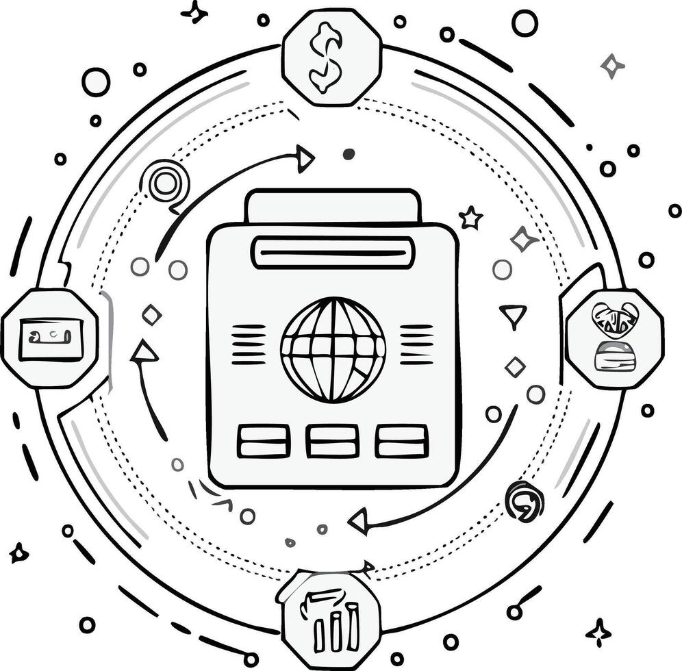 Global financial technology concept with circulating business icons and world wide web vector