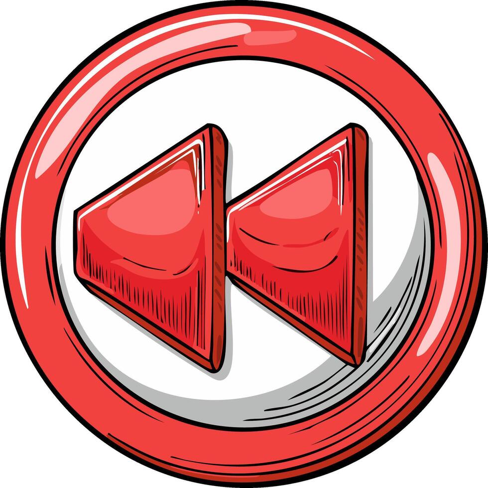 Red rewind button symbol with comic book style sketch lines and outline vector