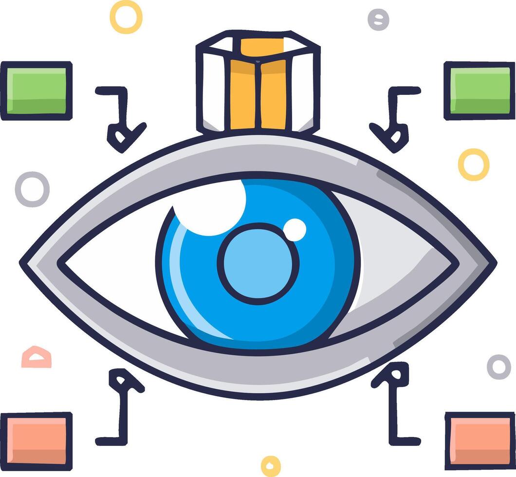 Eye with Cube and Blocks Illustration Visualizing Information Processing in a Whimsical Style vector