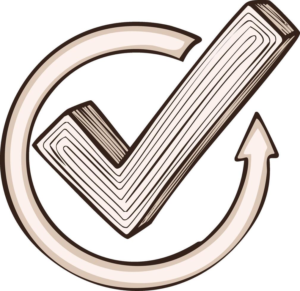 Stylized checkmark inside a circular arrow icon representing completion success update vector