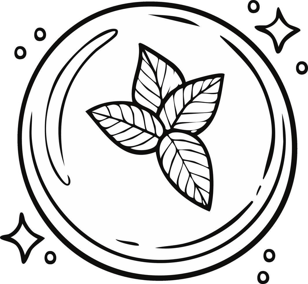 Hand-drawn outline of fresh mint leaves in a circular frame with sparkles and dots vector