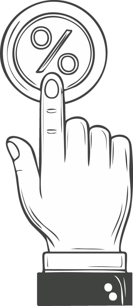 Hand with index finger pressing a round button with a percentage sign line art illustration vector