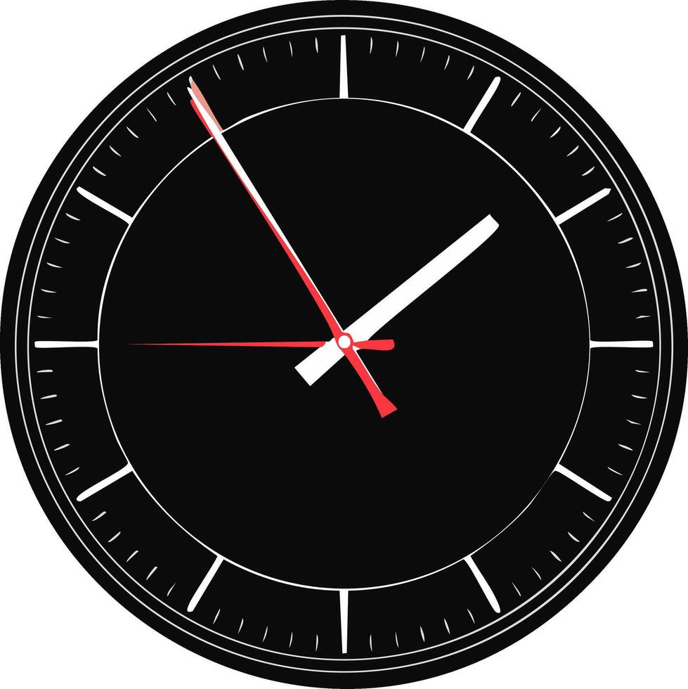 Minimalist black clock face with bold white hands and a vibrant red second hand, illustrating time passing vector