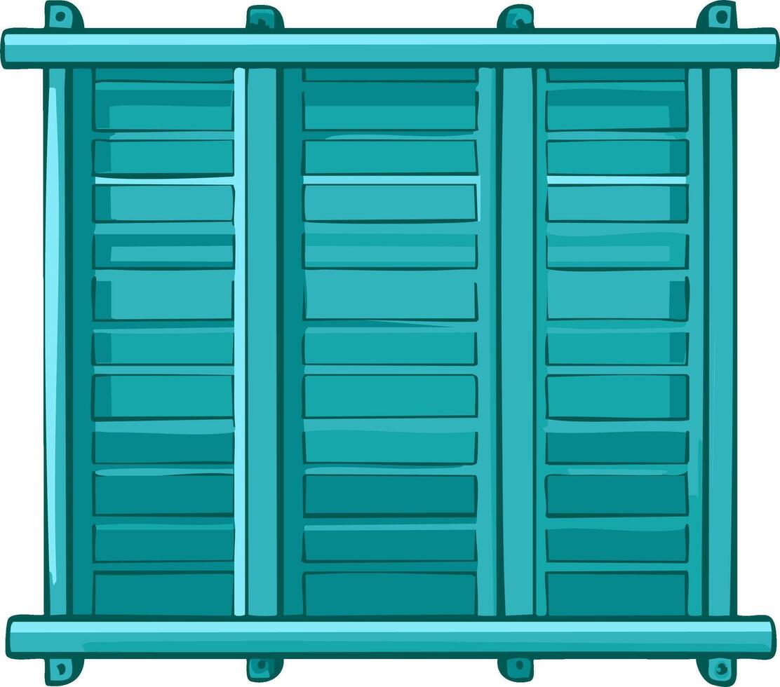 Teal Colored Louvered Window Shutter with Horizontal Slats and Top and Bottom Frames vector