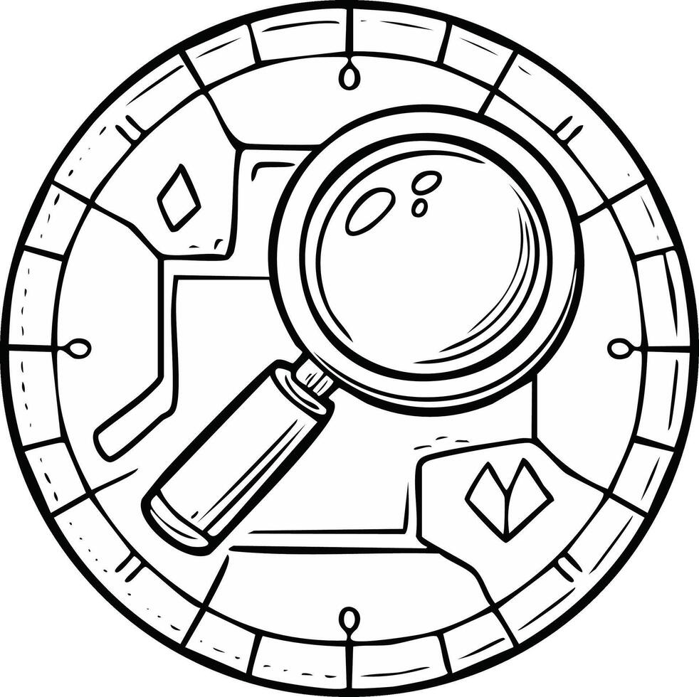 Line art icon of a magnifying glass over an abstract map in a round frame representing search and discovery vector