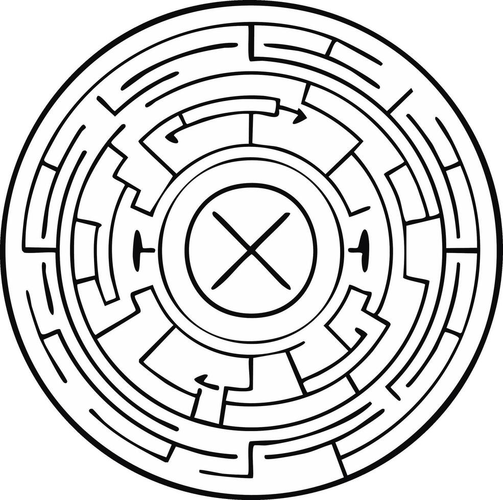 Abstract circular labyrinth maze puzzle with central X mark and directional arrows vector