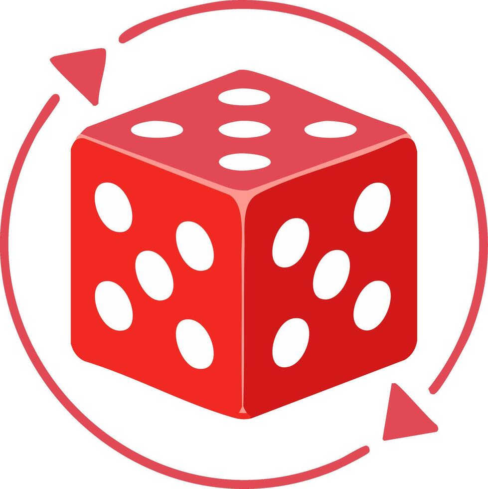 Red dice graphic with rotation arrows, concept for gambling, game and chance vector