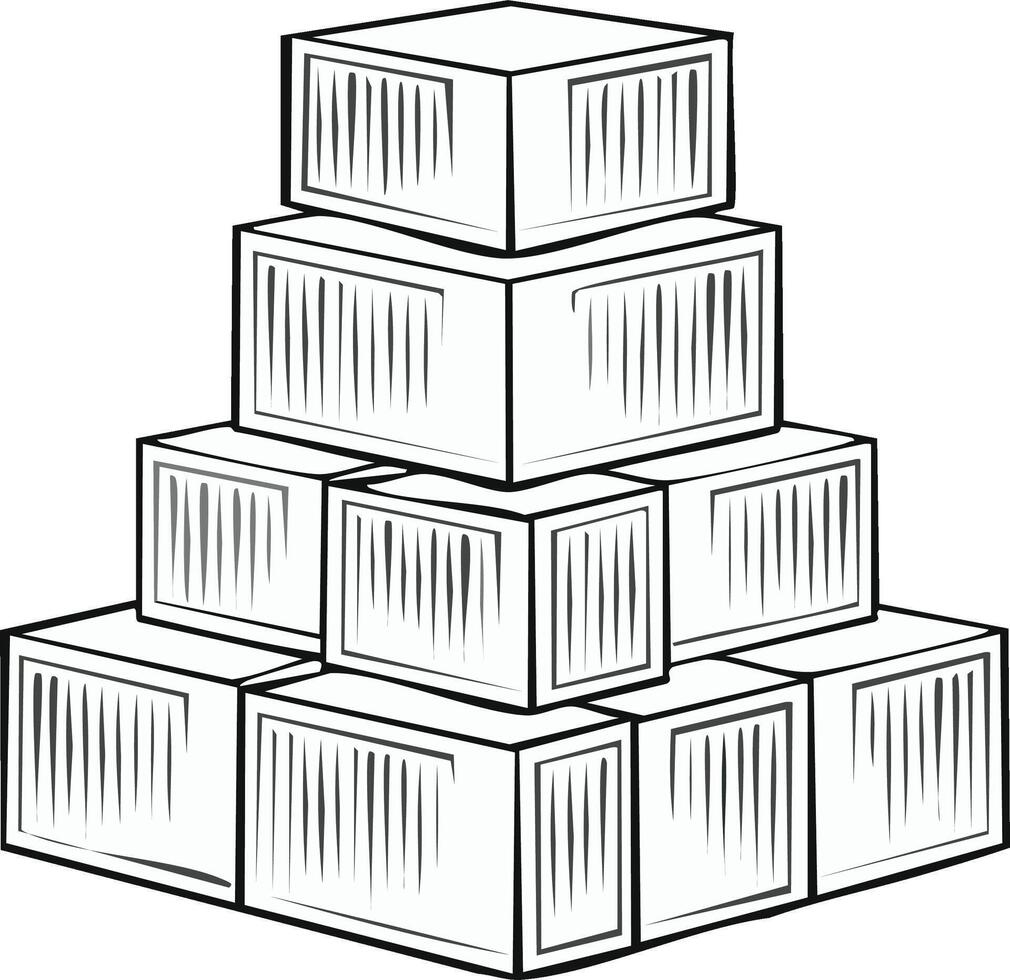 Stacked Rectangular Packaging Boxes in Pyramid Formation for Business Distribution or Delivery, Line Art vector