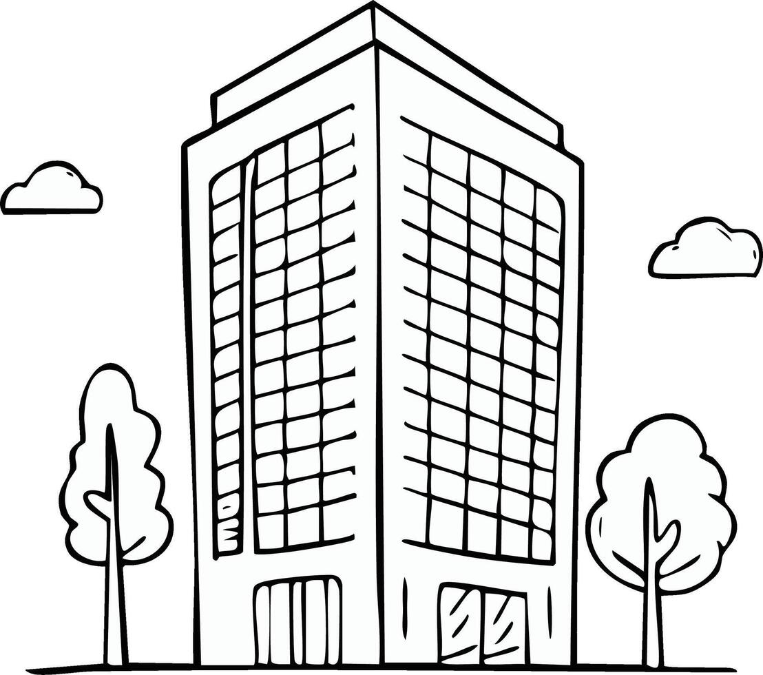 Simple doodle illustration of a tall office building with trees and clouds vector