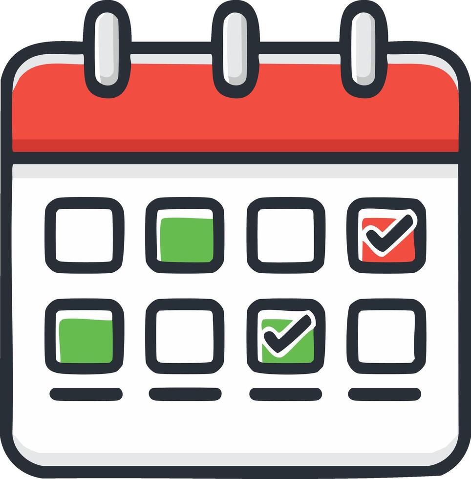 Calendar Icon with Green and Red Checkmarks for Completed Tasks and Important Events vector