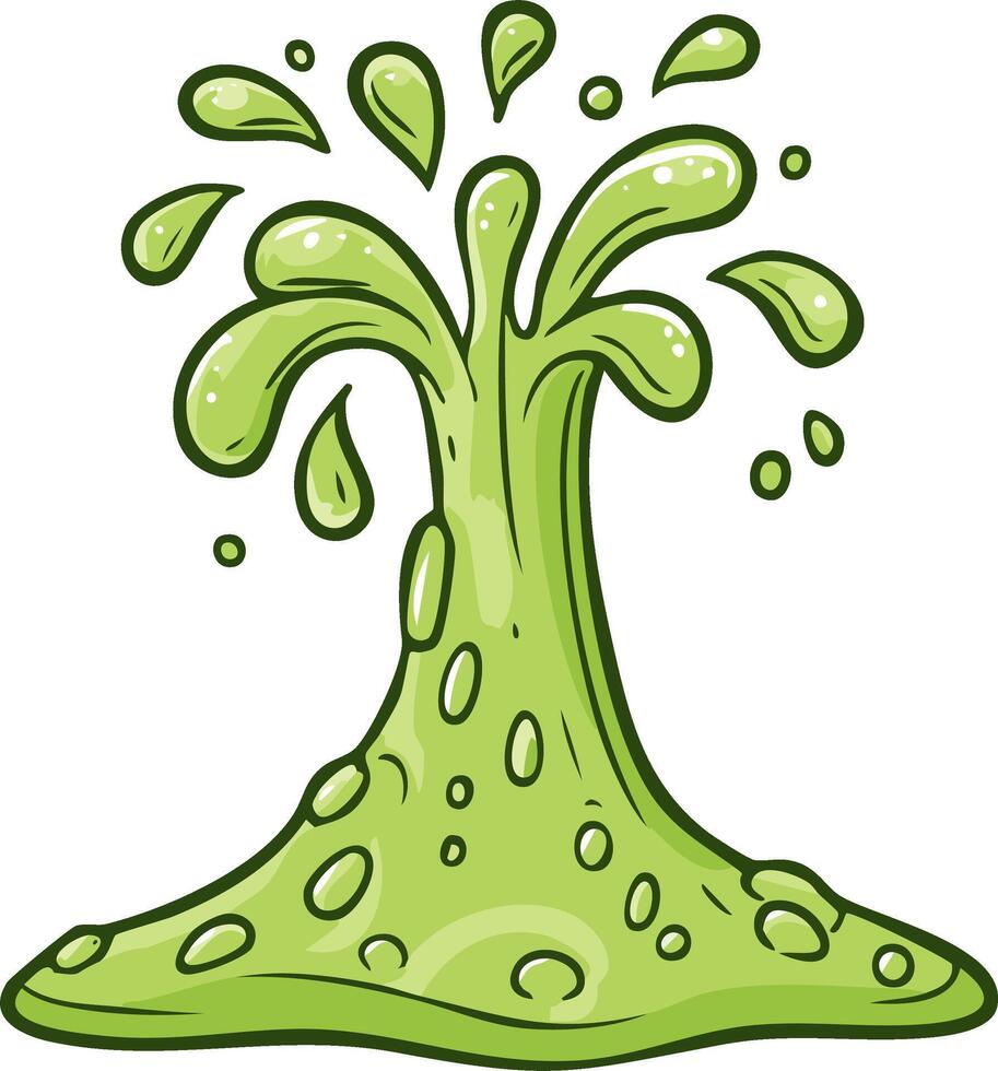 Green slime splash eruption with drops and blobs, cartoon style vector