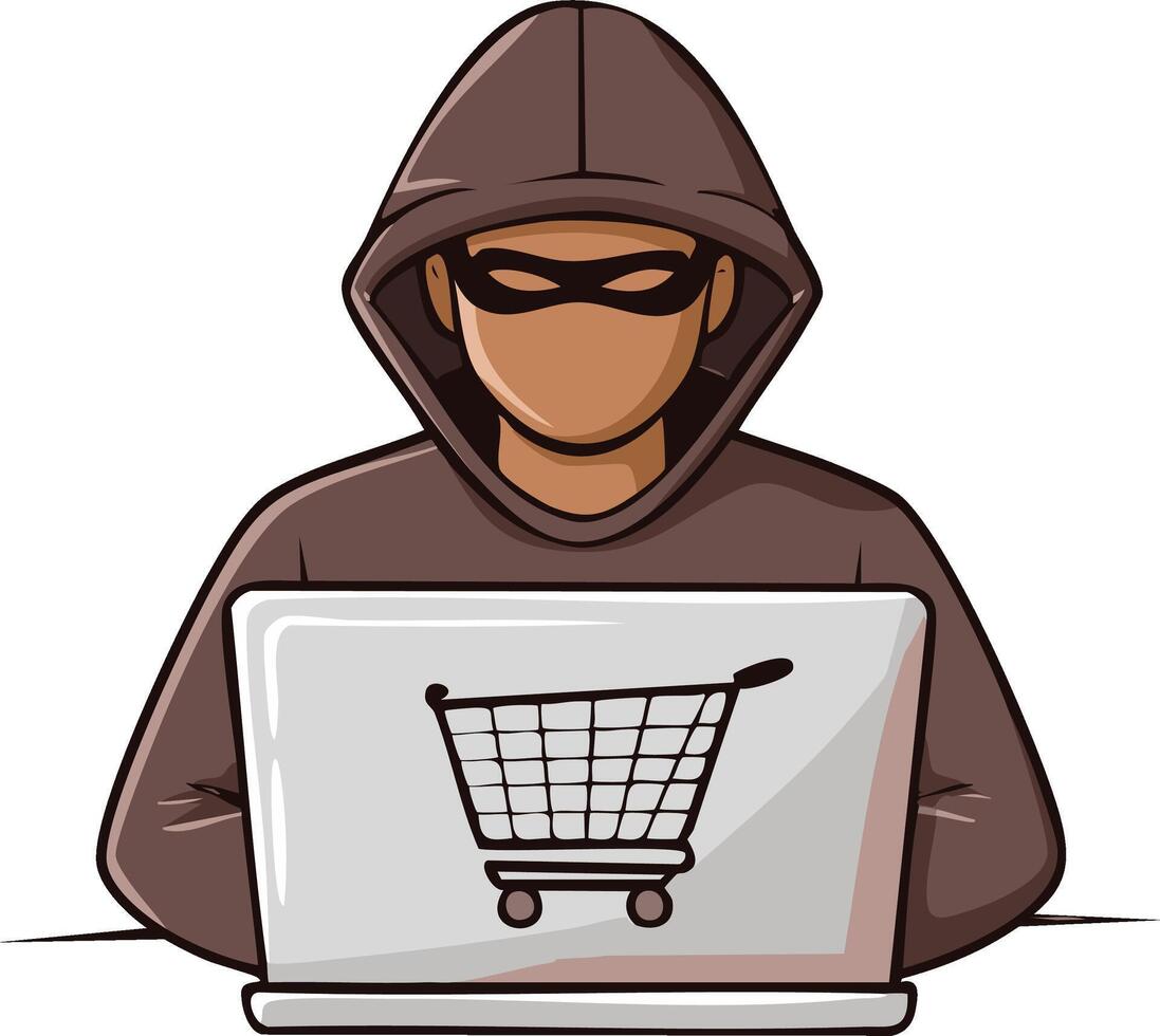 Anonymous person in dark hoodie and mask using a laptop with an online shopping cart icon vector