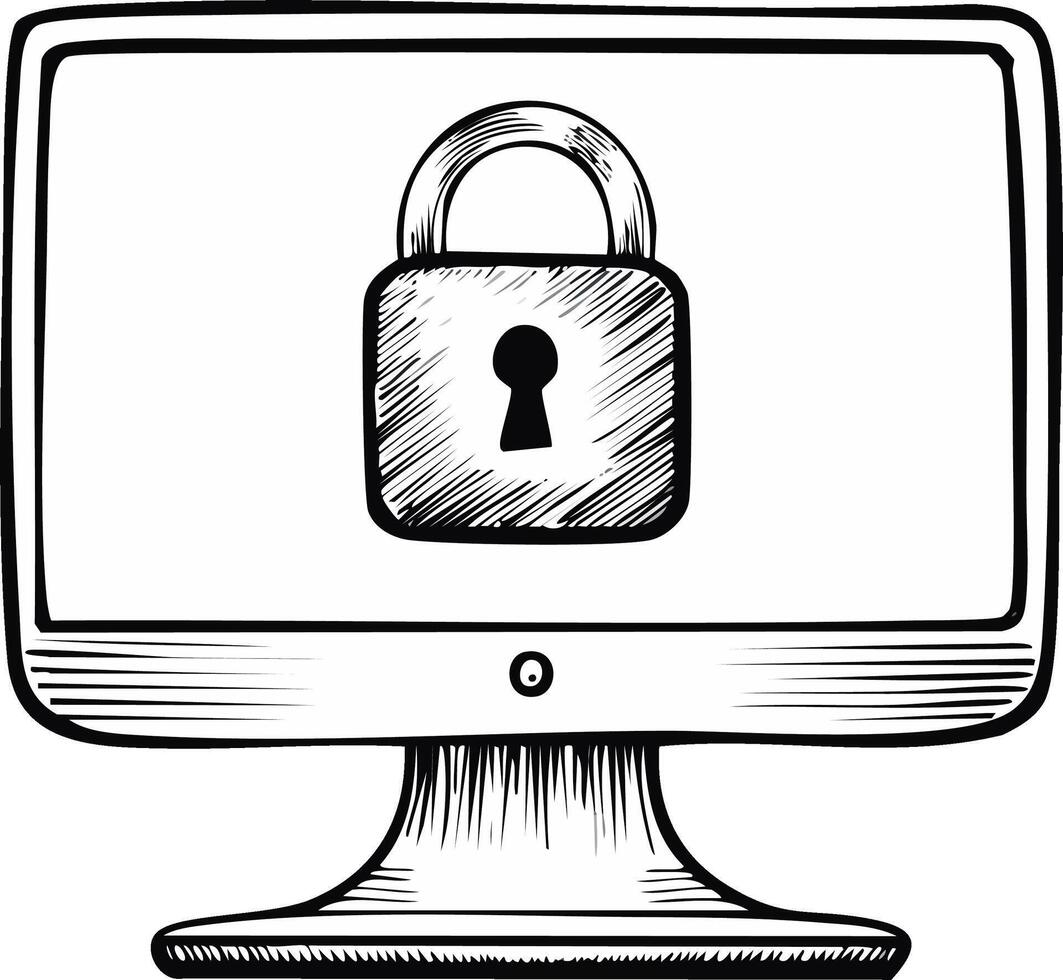 Hand drawn computer monitor with lock icon for digital security vector