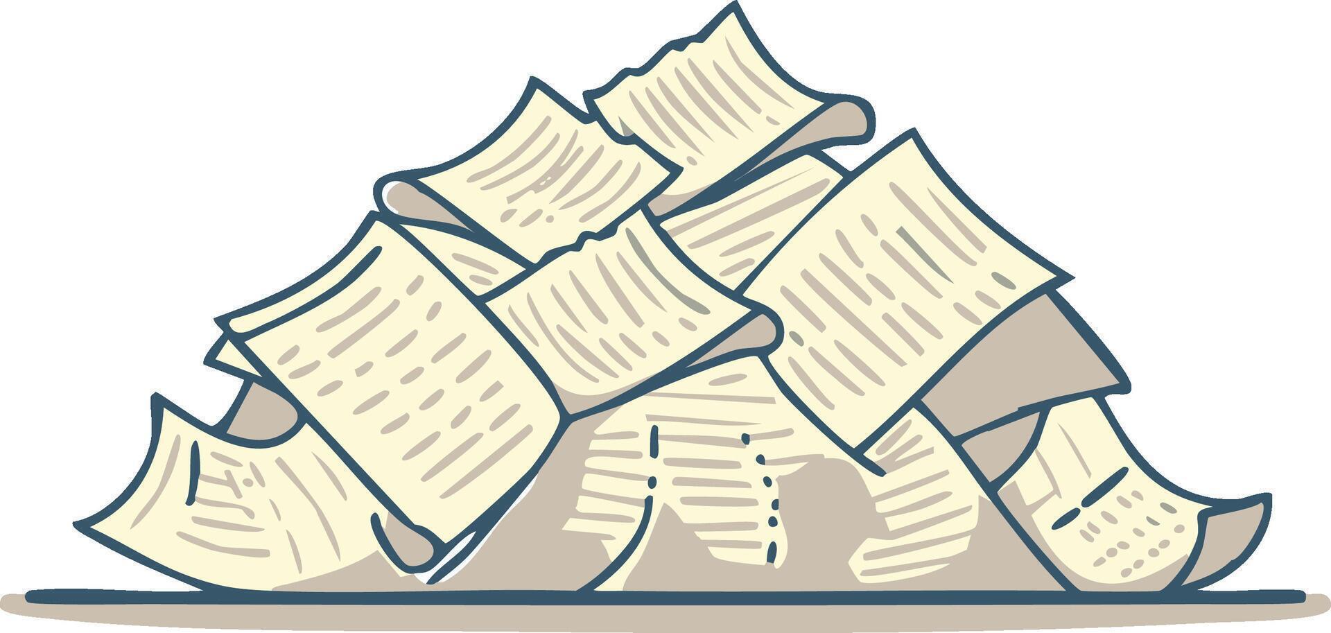 Cartoon Pile of Documents Stacked High with Papers and Sheets Overload Deadline vector