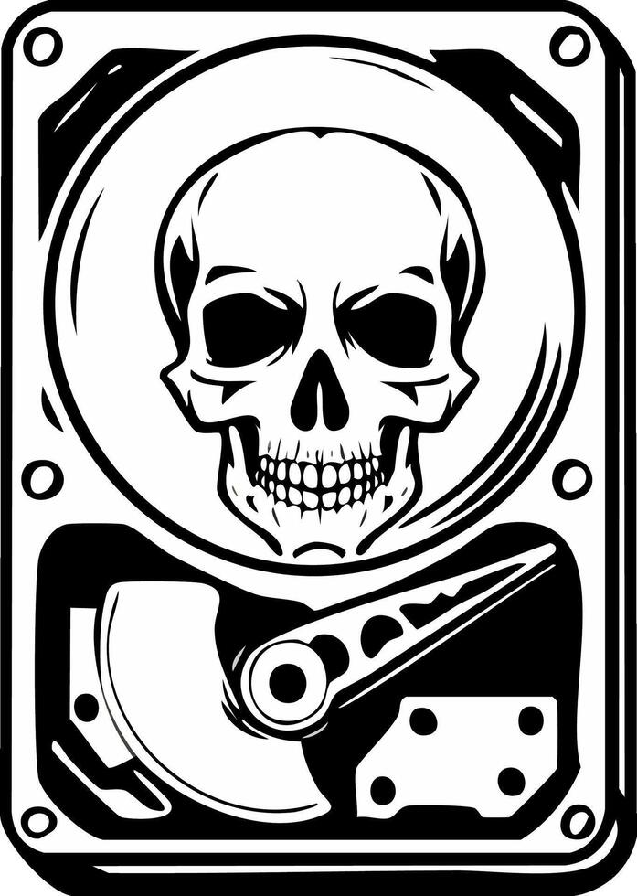 Skull on an open computer hard drive symbolizing data death and cyber threats vector