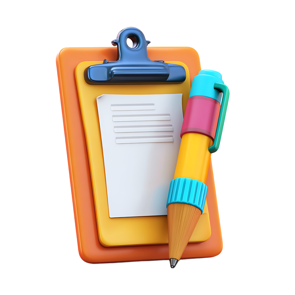 3d interpretazione di un' appunti con un' vuoto foglio di carta e un' colorato cartone animato penna su trasparente sfondo png