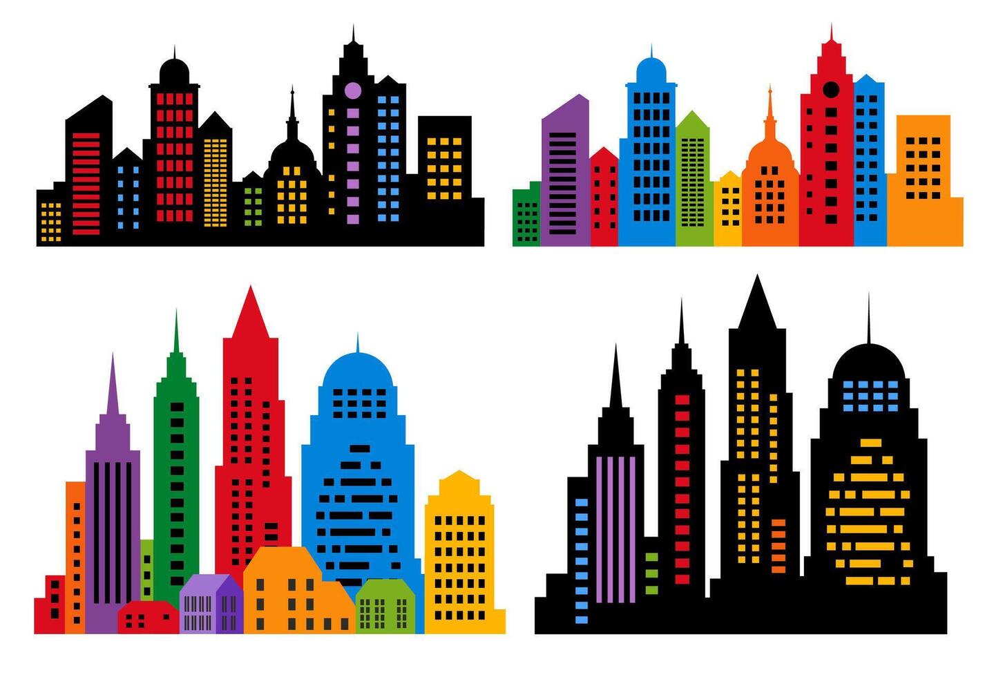 Landscape set of buildings silhouetted on white background. Outline of low-rise and high-rise complexes and skyscrapers. Structural constructions placed objects vector