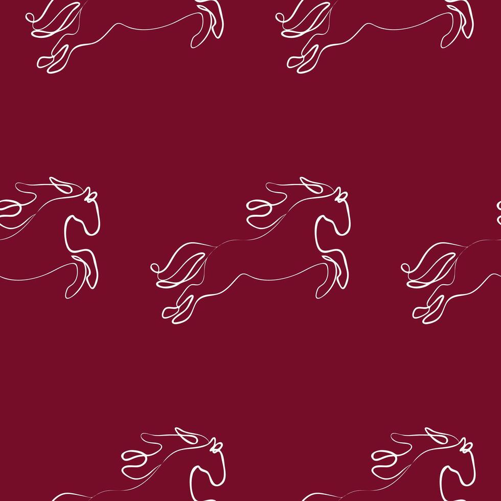pattern with horses at the moment of jumping in line art style drawn with different contours on a red background, for logos, for web design, stickers, branding and decor vector