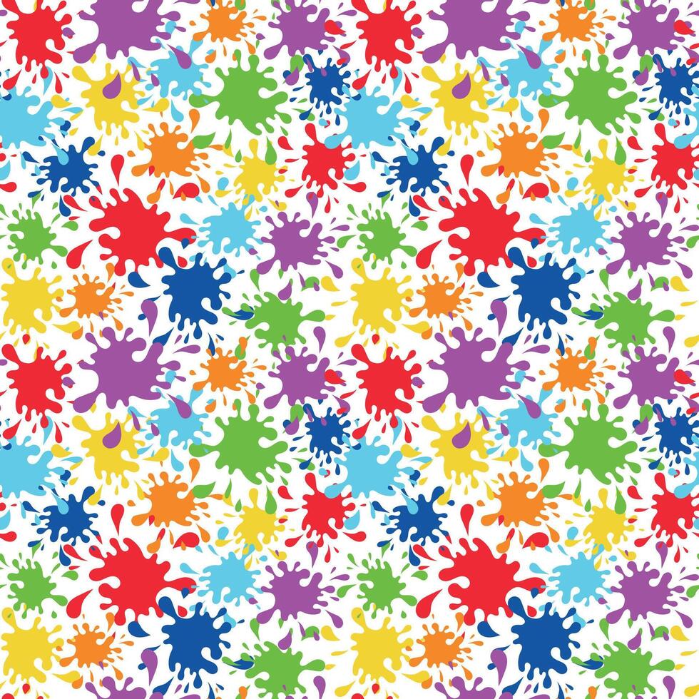 Seamless rainbow color paint splashes pattern. Bright multicolor ink blots texture inspired by rainbow spectrum. Fun abstract background for design, wrapping paper, textile, kids art, and decoration vector
