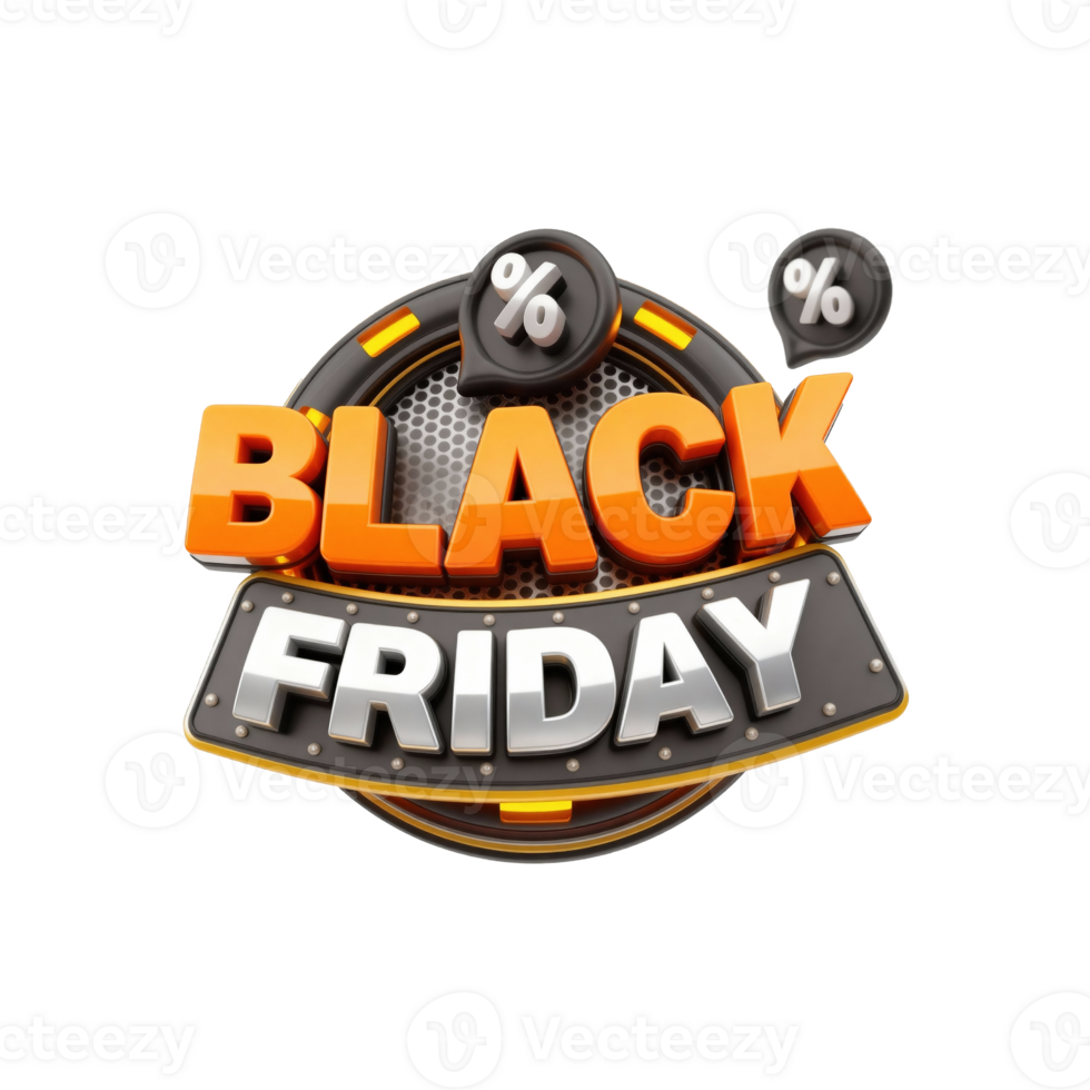 Dynamic 3D Black Friday design with metallic text, a honeycomb background, and floating percentage icons png