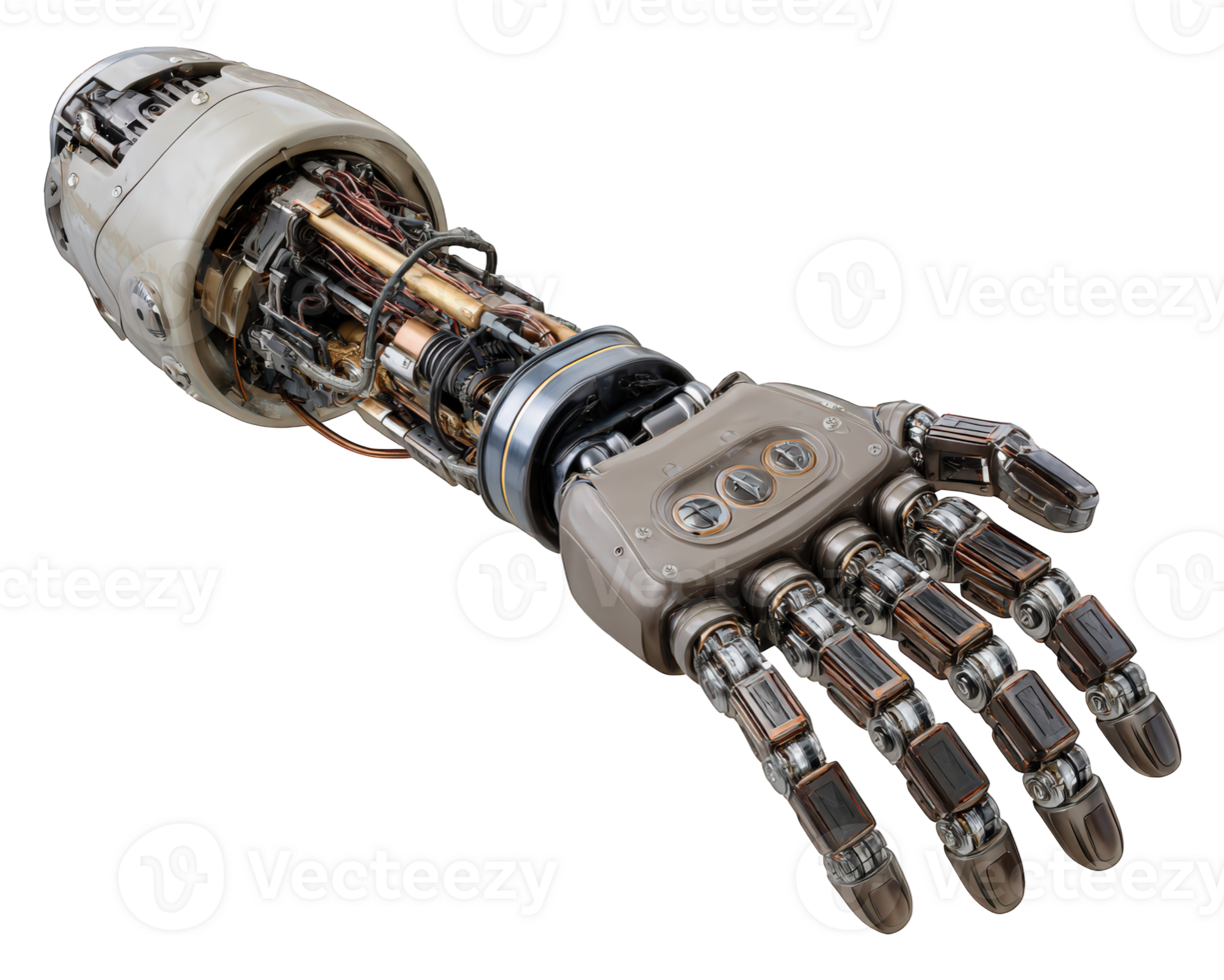 futurista biônico robótico braço com avançado protético tecnologia. isto isolado automação ícone vitrines poderoso, preciso membro com complexo cyborg Engenharia detalhe png