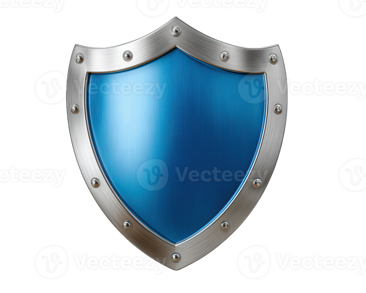 Blue and silver shield icon providing strong protection and digital cybersecurity. Symbol of safety and defense for data, representing secure technology isolated on background png
