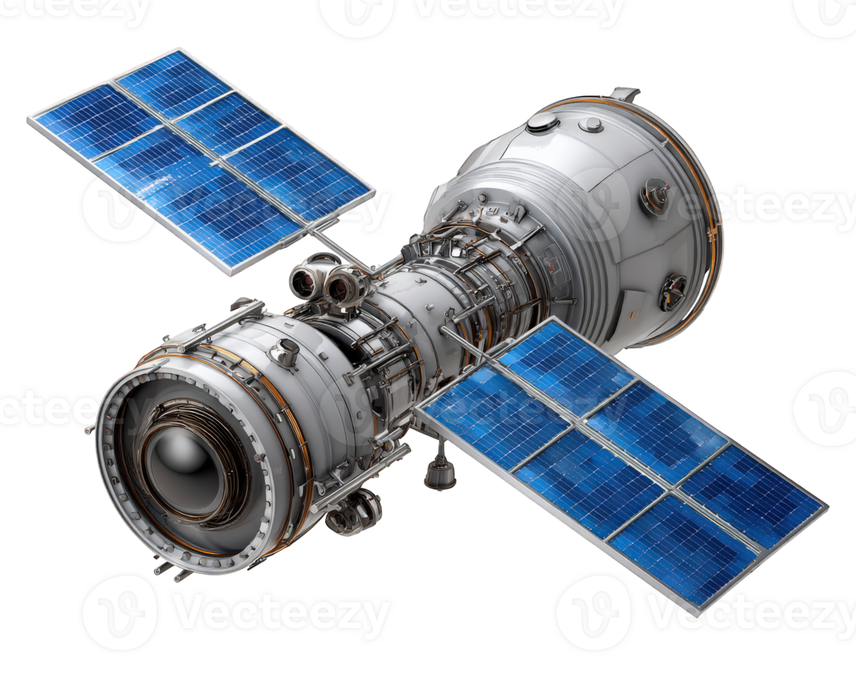 Detailed satellite illustration for global communication technology. Isolated object with solar panel floating in space, representing an orbiting network for broadcast and exploration png