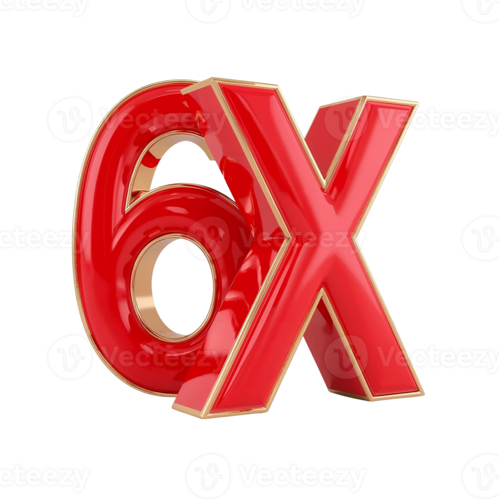 Captivating three dimensional rendering of '6X' numeral combination with vibrant red and gold hues png