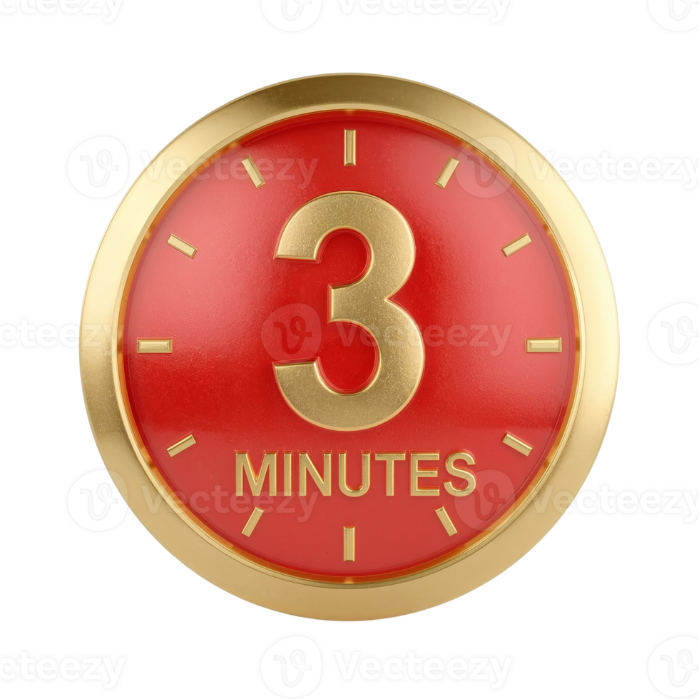 Vibrant scarlet timer icon displaying a golden three minutes indication with simple design png