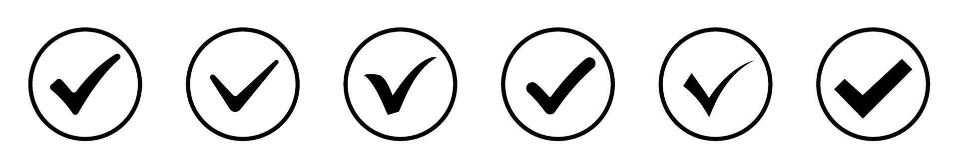 Circle check mark icons set. Simple tick and approved sign collection. Minimal black checkmark glyph symbols for correct, verified, or completed status. vector