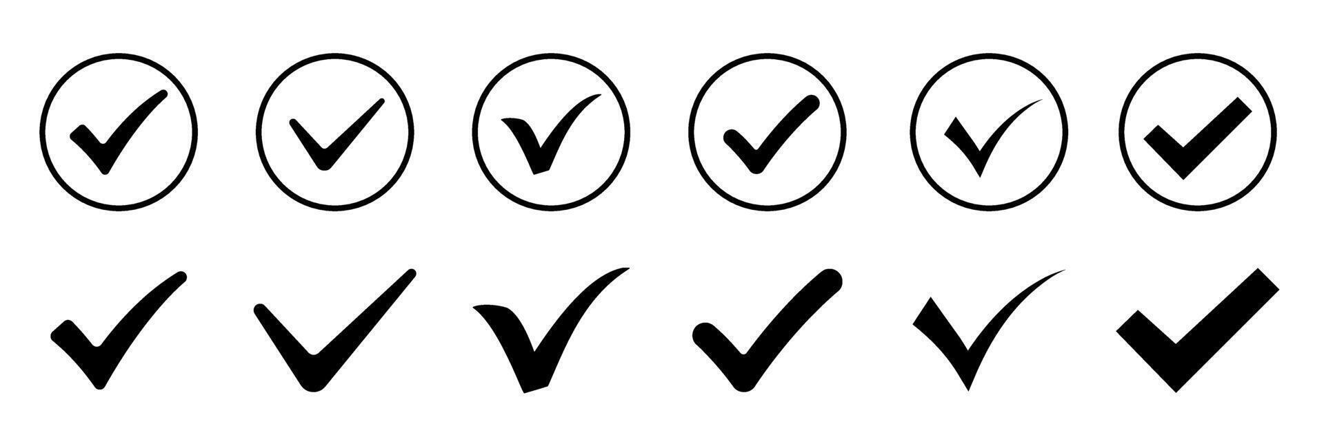 Black check mark icons set. Circle and simple tick approved sign collection. Minimal checkmark glyph symbols for correct, verified, or completed status. vector