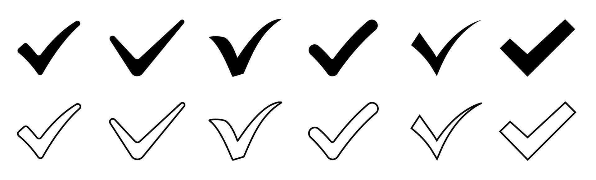 Black and outline check mark icons set. Simple tick and approved sign collection. Minimal checkmark glyph and outline symbols for correct, verified, or completed status. vector