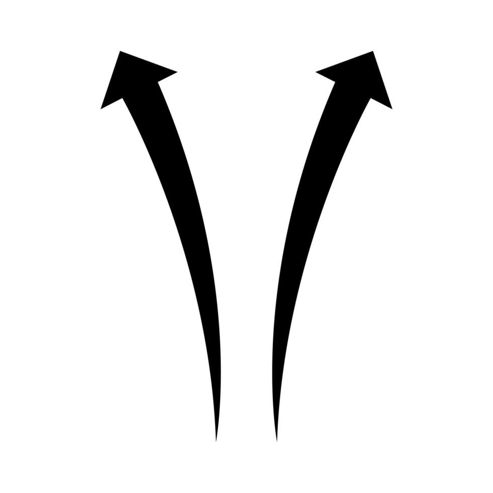 Two black upward arrows with angled, curved bodies, pointing away from each other on a white backdrop vector