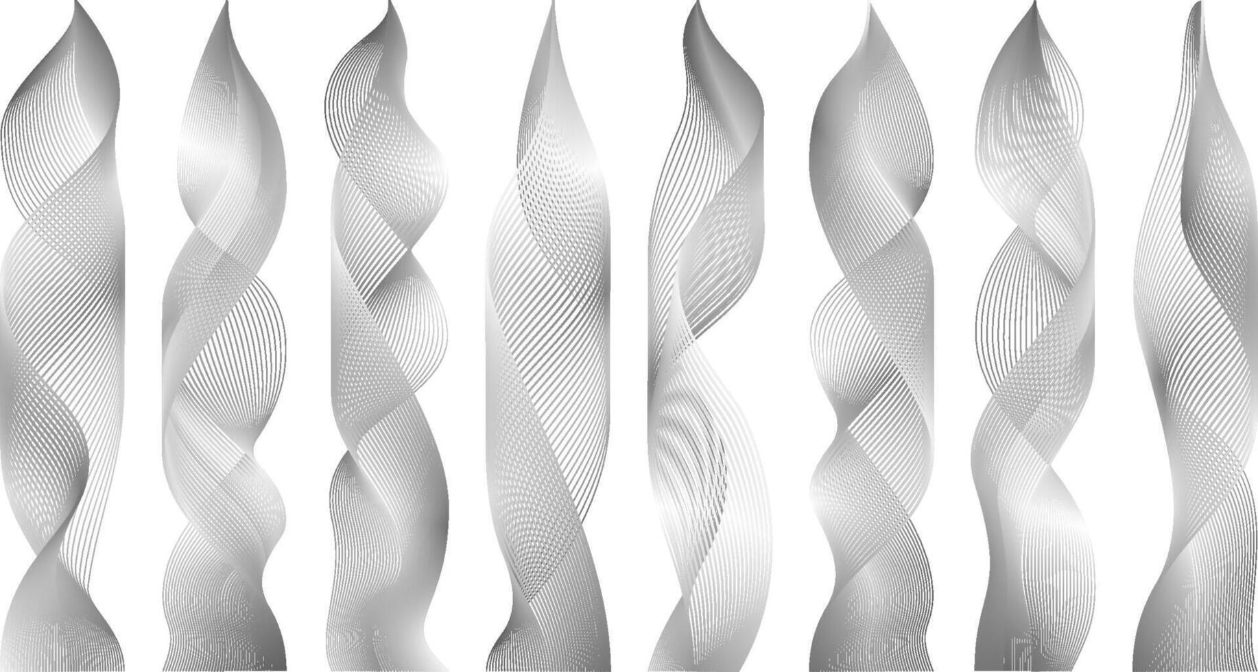 Black 3d smoke set. Wavy element air steam or cigarette flame. Transparent abstract vertical ribbon. Thin trail texture. Fluid grey color realistic line effect. vector