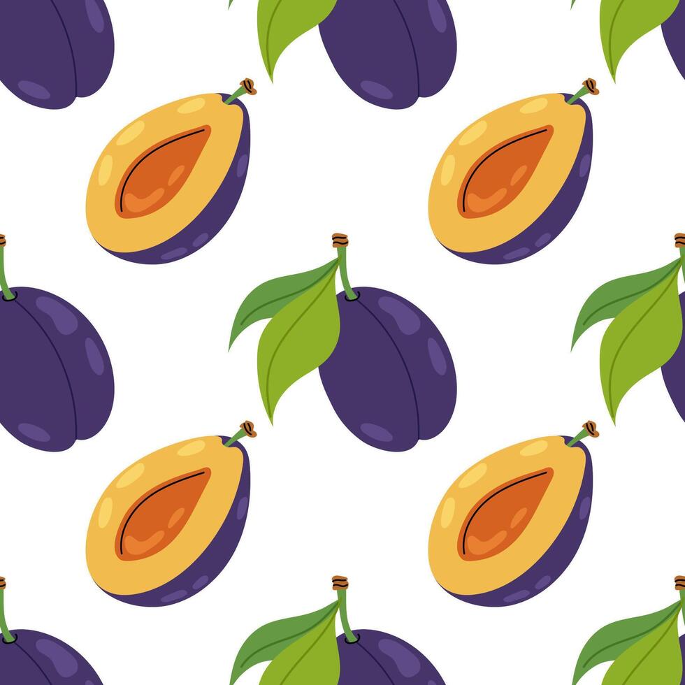 Pattern with plum. Half ripe plum with pit. Seamless pattern for fabric, background, textile or packaging. vector