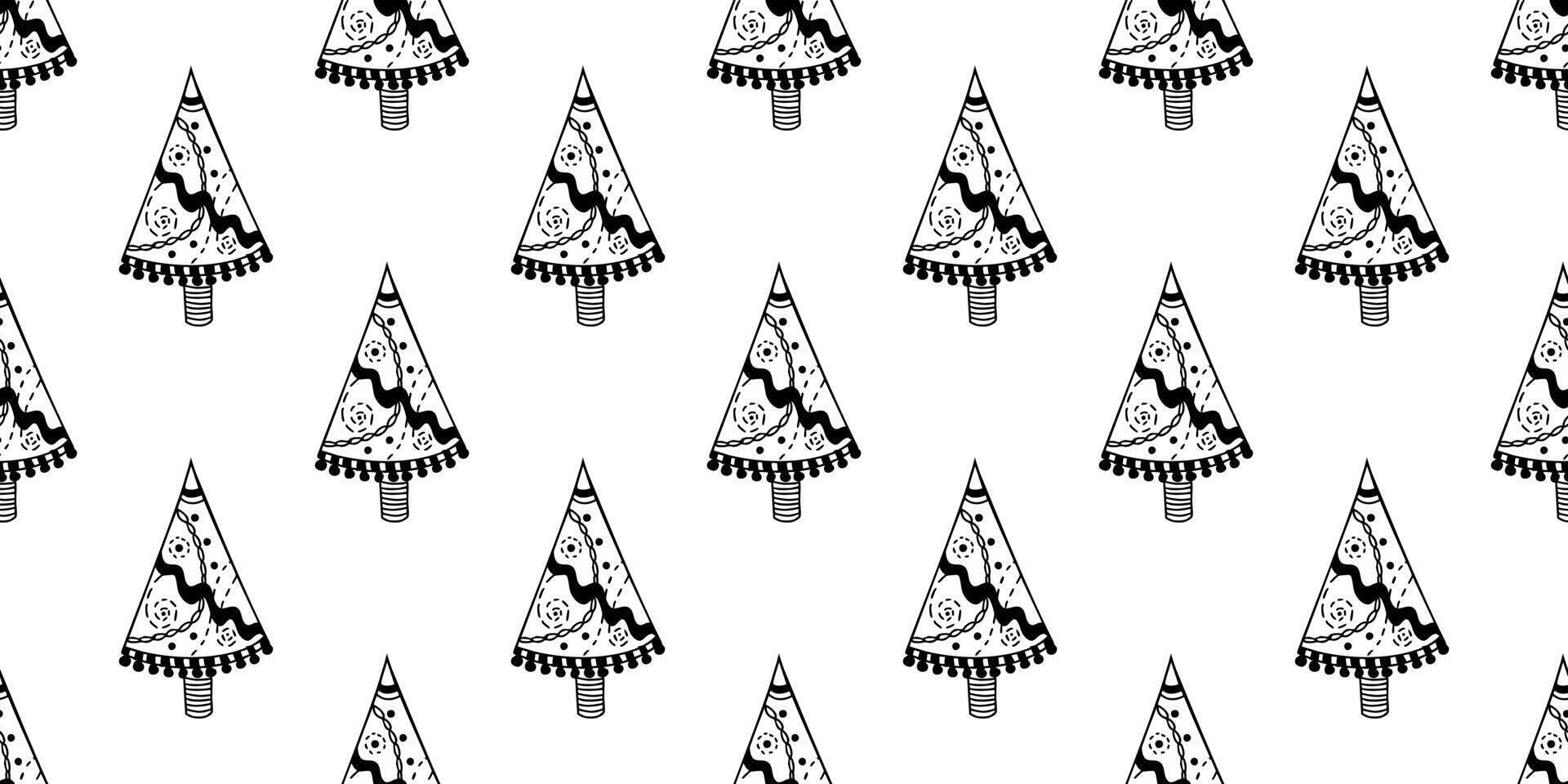 Seamless Christmas pattern with hand drawn doodle trees in outline style. Line art background. vector