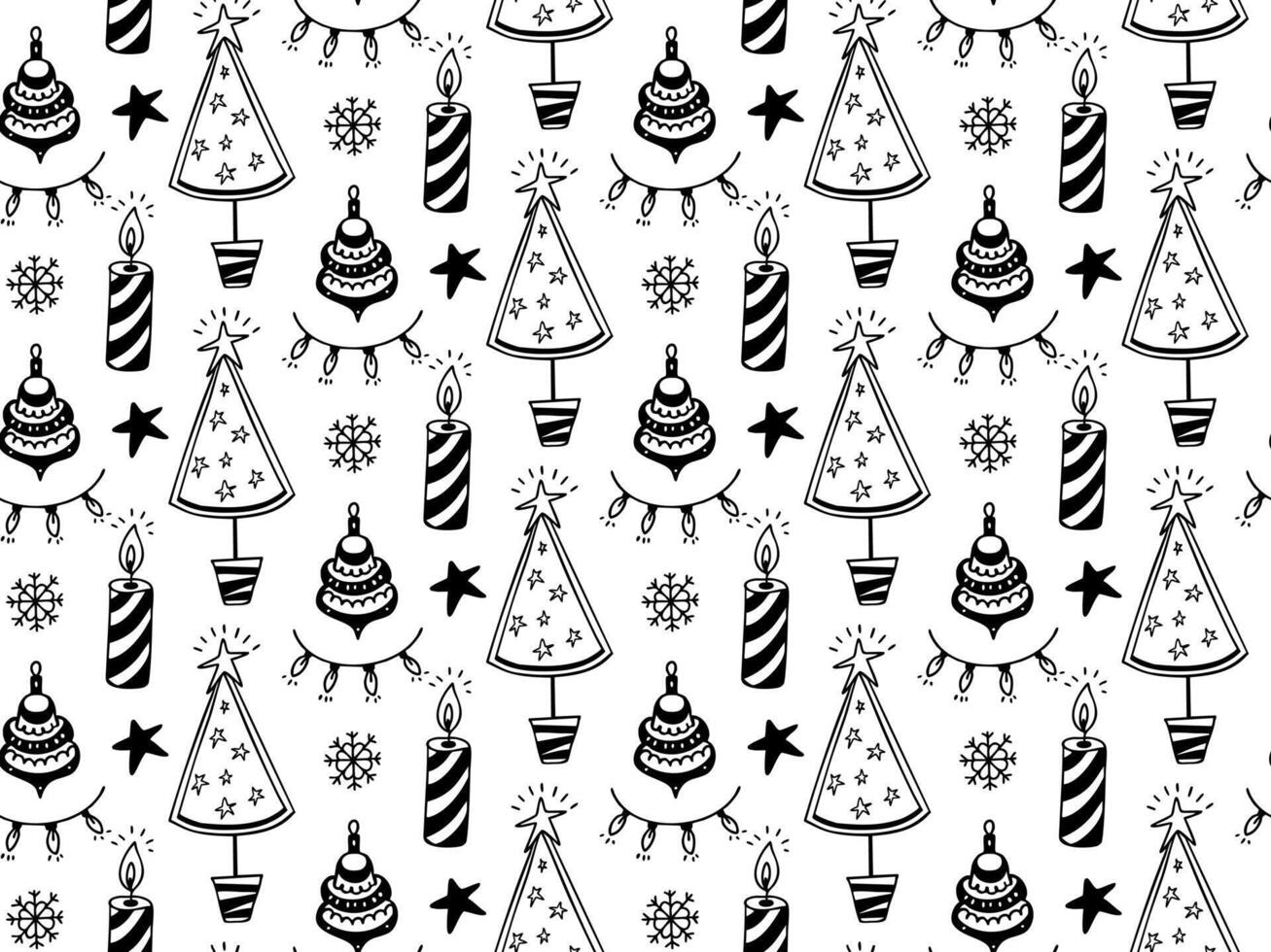 Seamless hand drawn Christmas pattern with doodle candles and trees. Outline background. vector