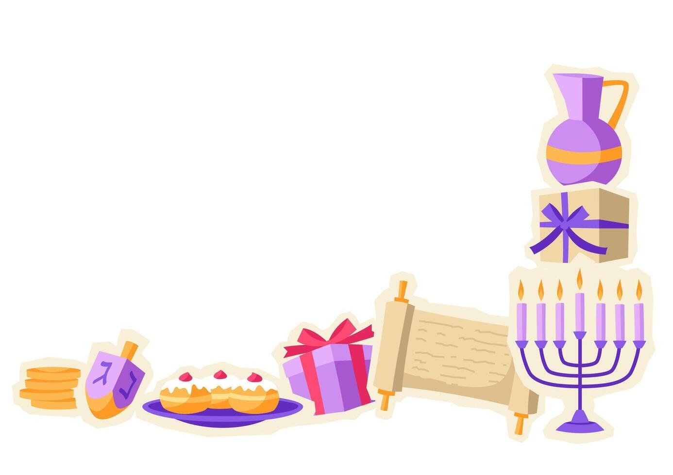 Happy Hanukkah background design with stickers. Illustration with holiday objects. vector